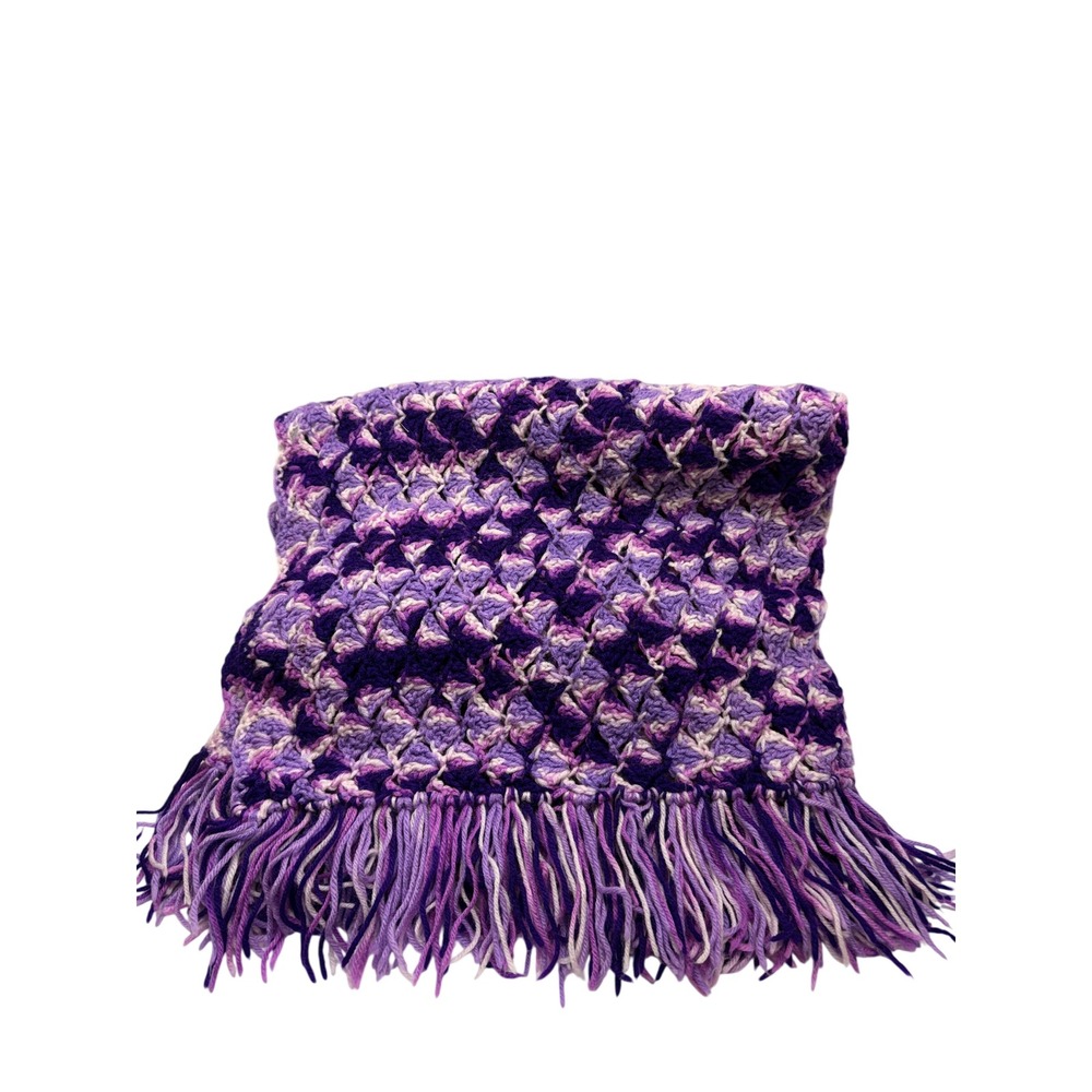 Vintage Handmade Crochet Purple Shell Stitch Afghan Throw Blanket with Fringe